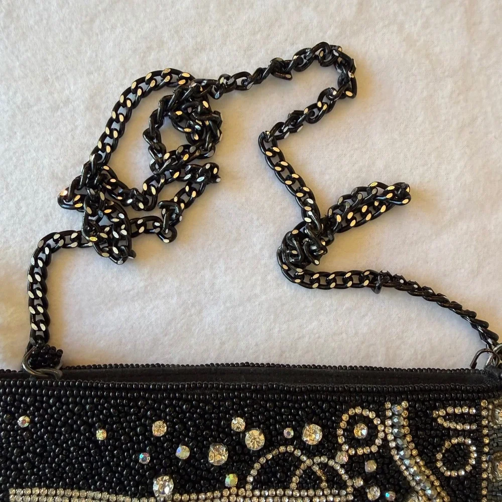 Mary Frances Touch of Bubbly Beaded Bag‎ Black Rhinestone Fringe Novelty Purse